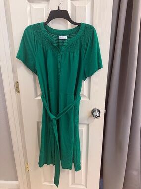 croft & barrow Emerald Green Short-Sleeve Midi Dress with Tie Belt